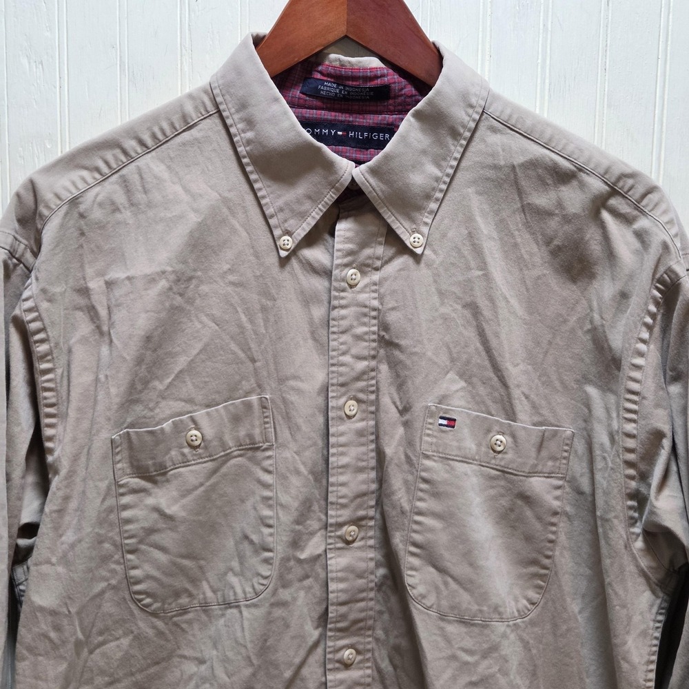 Tommy Hilfiger Shirt Mens Large Beige Twill Long Sleeve Stretch Button-Up Casual